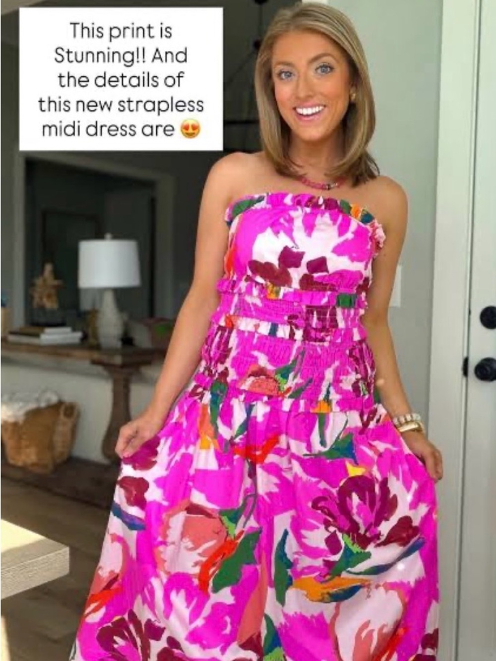 Strapless Pink Floral Midi Dress - Vibrant Summer Print, size 20